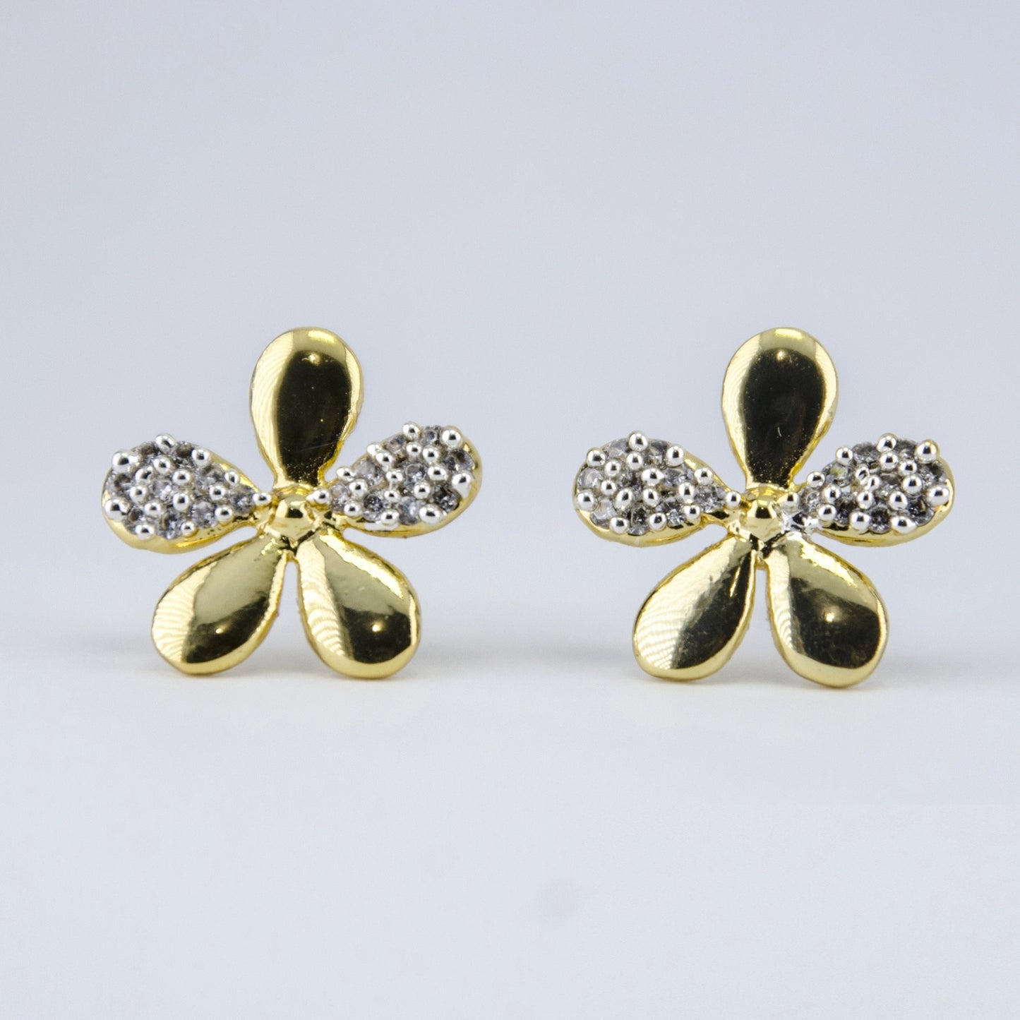 24Kt Gold and Silver Plated American Diamond Petal Stud Earrings