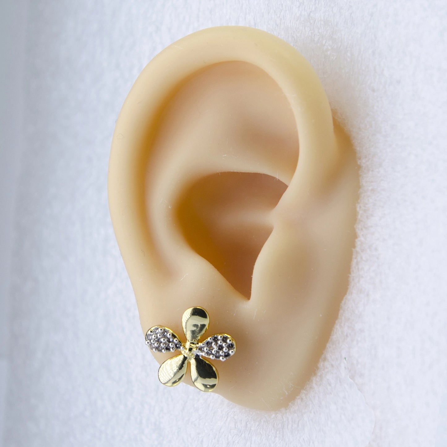 24Kt Gold and Silver Plated American Diamond Petal Stud Earrings