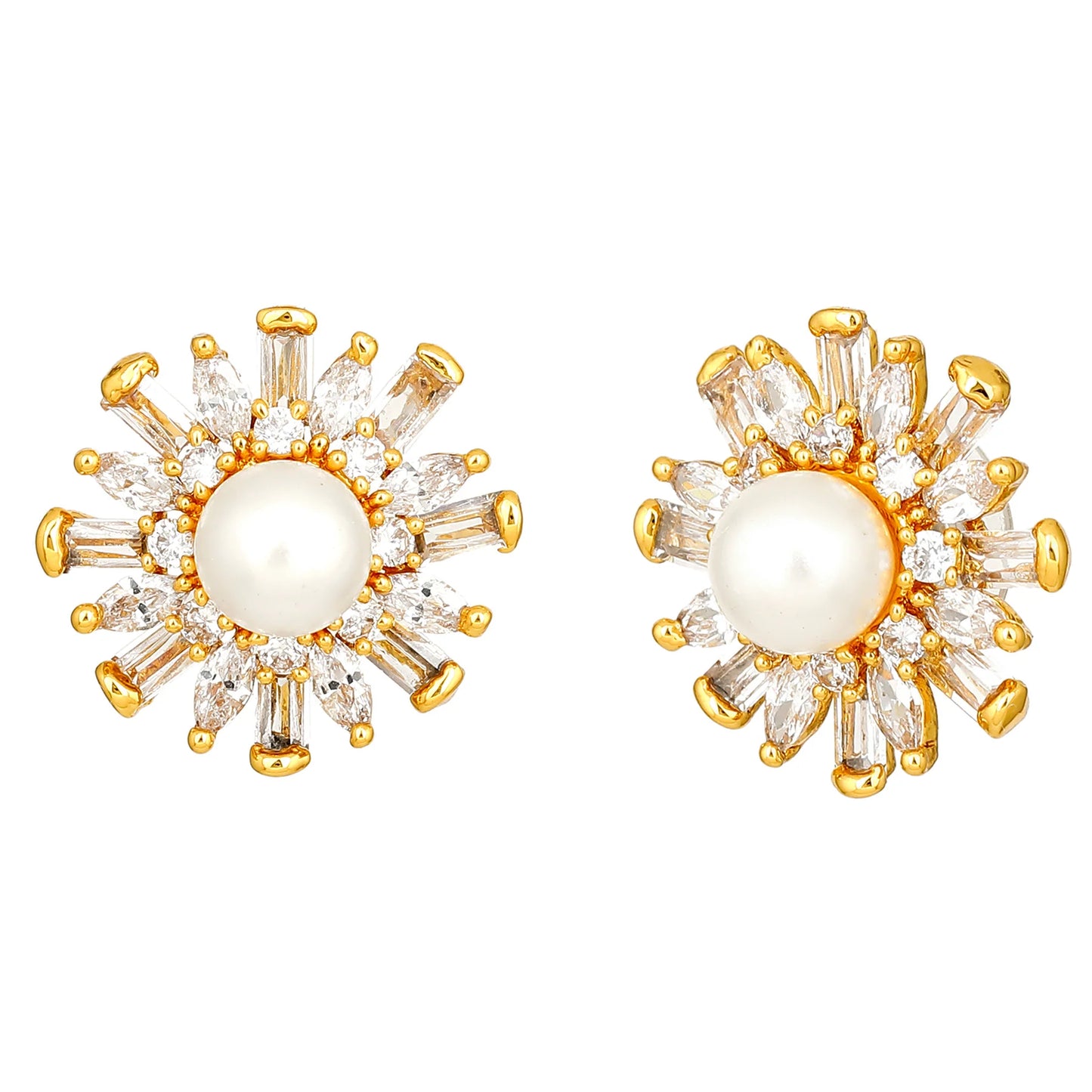 24Kt Gold Plated American Diamond & Baguette's Pearl Flower Stud Earrings