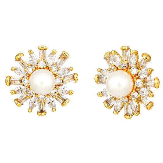 24Kt Gold Plated American Diamond & Baguette's Pearl Flower Stud Earrings