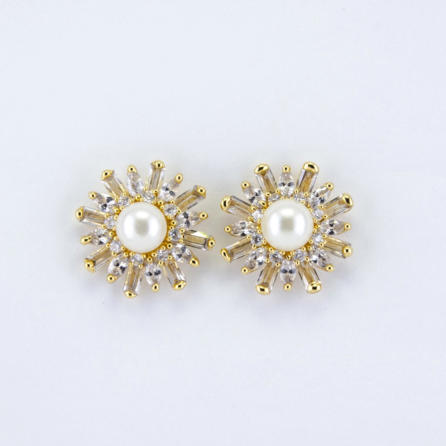 24Kt Gold Plated American Diamond & Baguette's Pearl Flower Stud Earrings