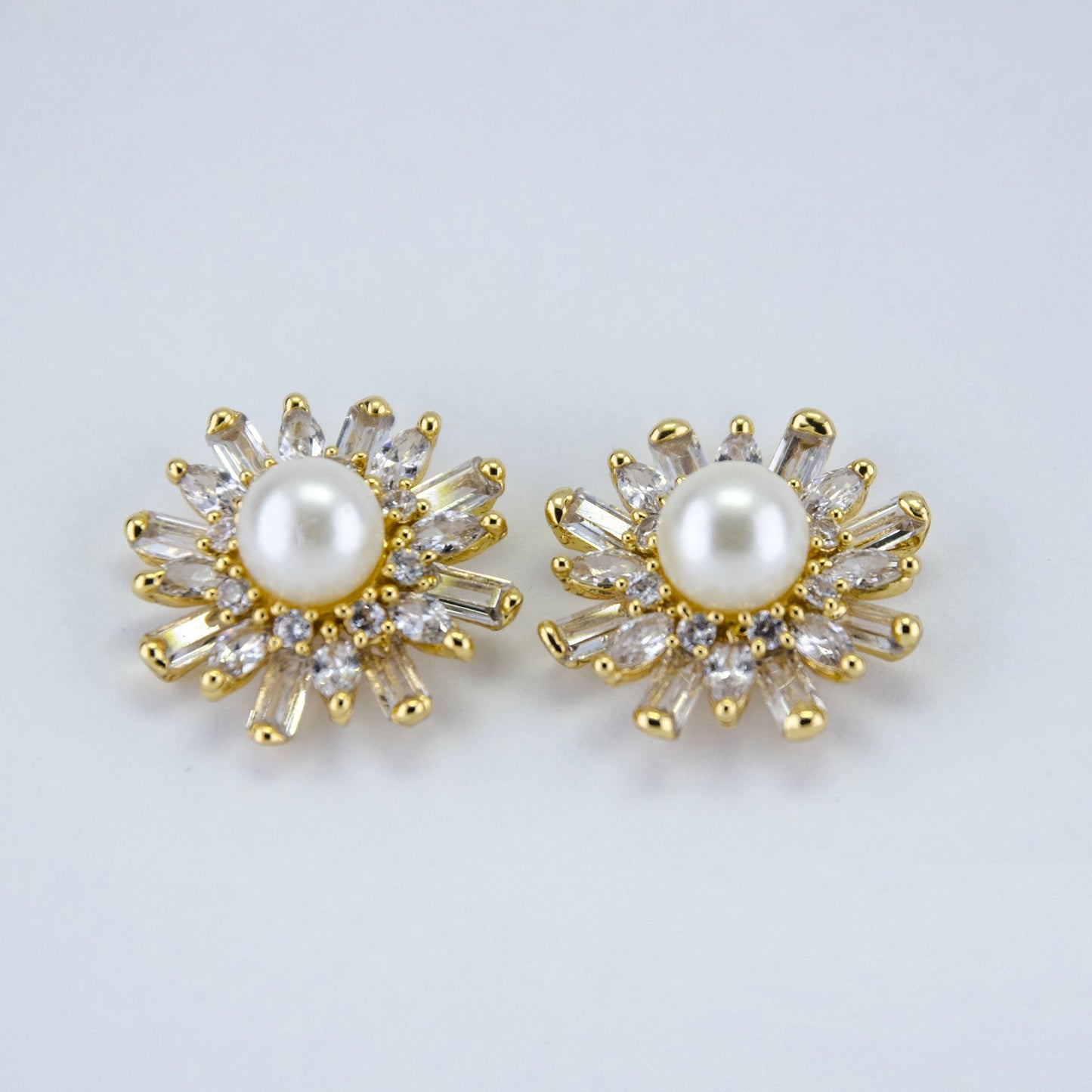 24Kt Gold Plated American Diamond & Baguette's Pearl Flower Stud Earrings