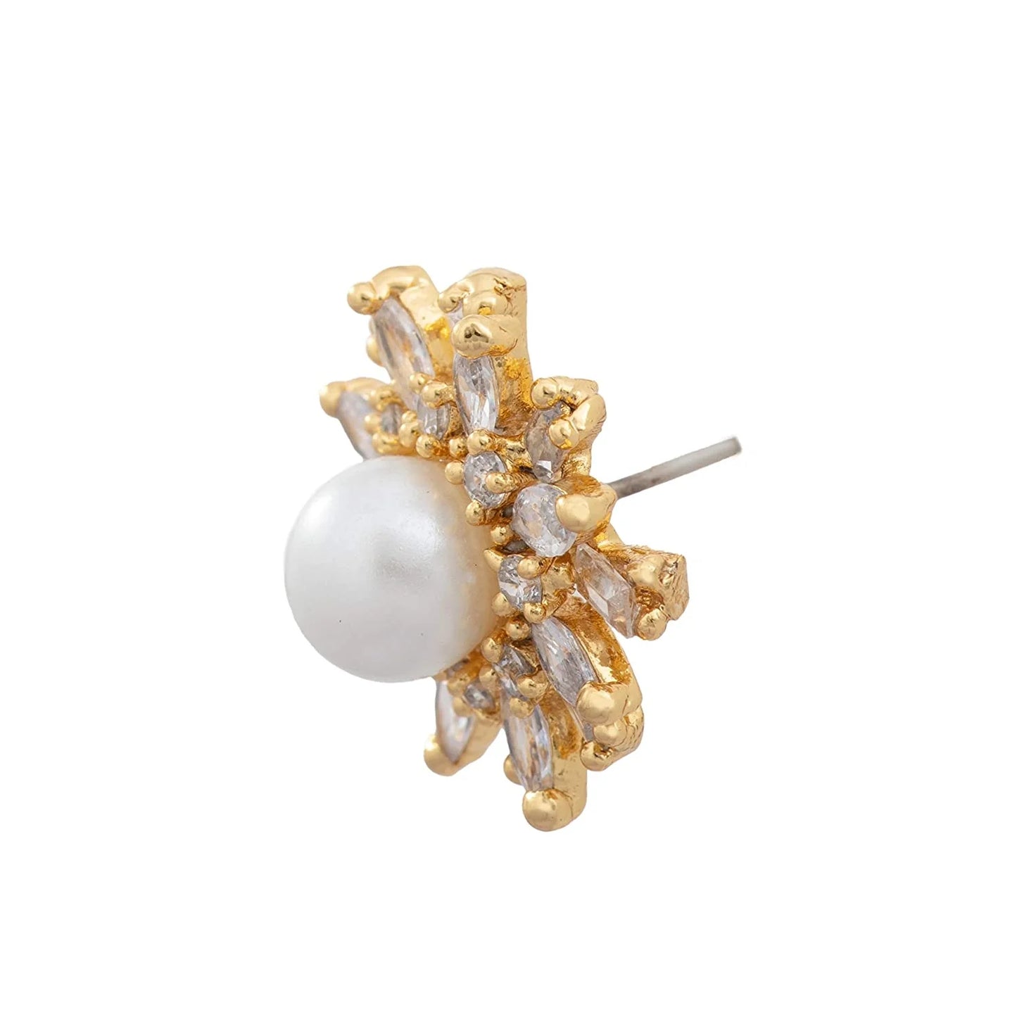 24Kt Gold Plated American Diamond & Baguette's Pearl Flower Stud Earrings