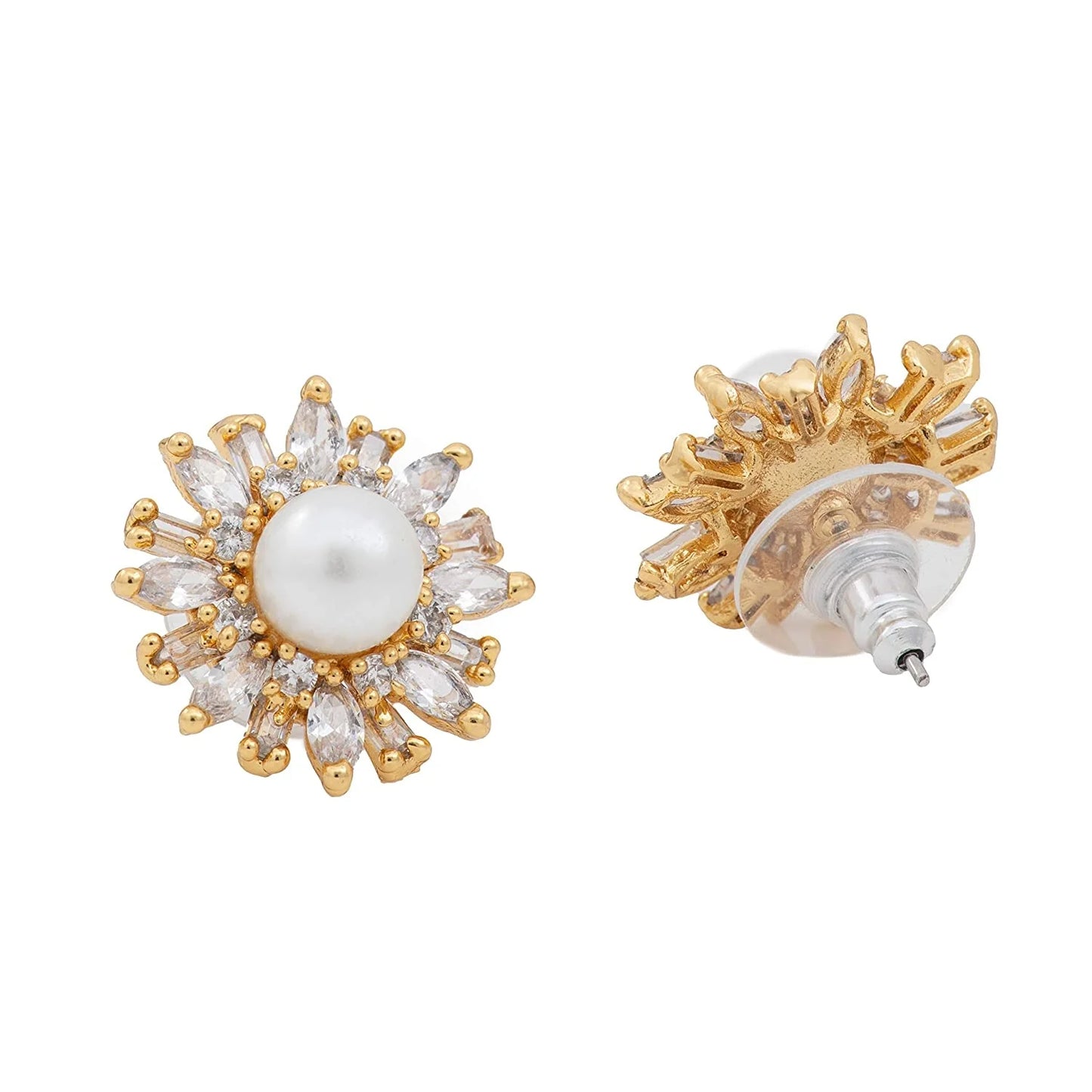 24Kt Gold Plated American Diamond & Baguette's Pearl Flower Stud Earrings