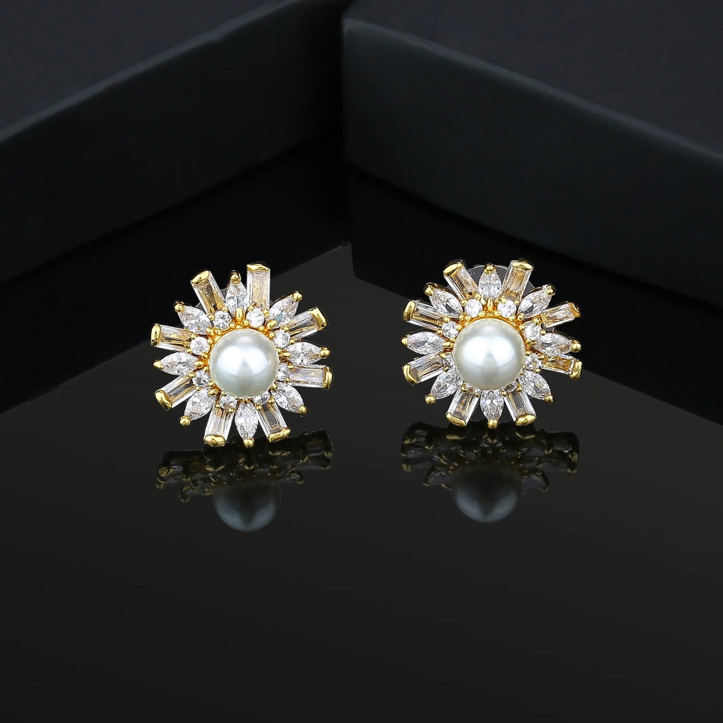 24Kt Gold Plated American Diamond & Baguette's Pearl Flower Stud Earrings