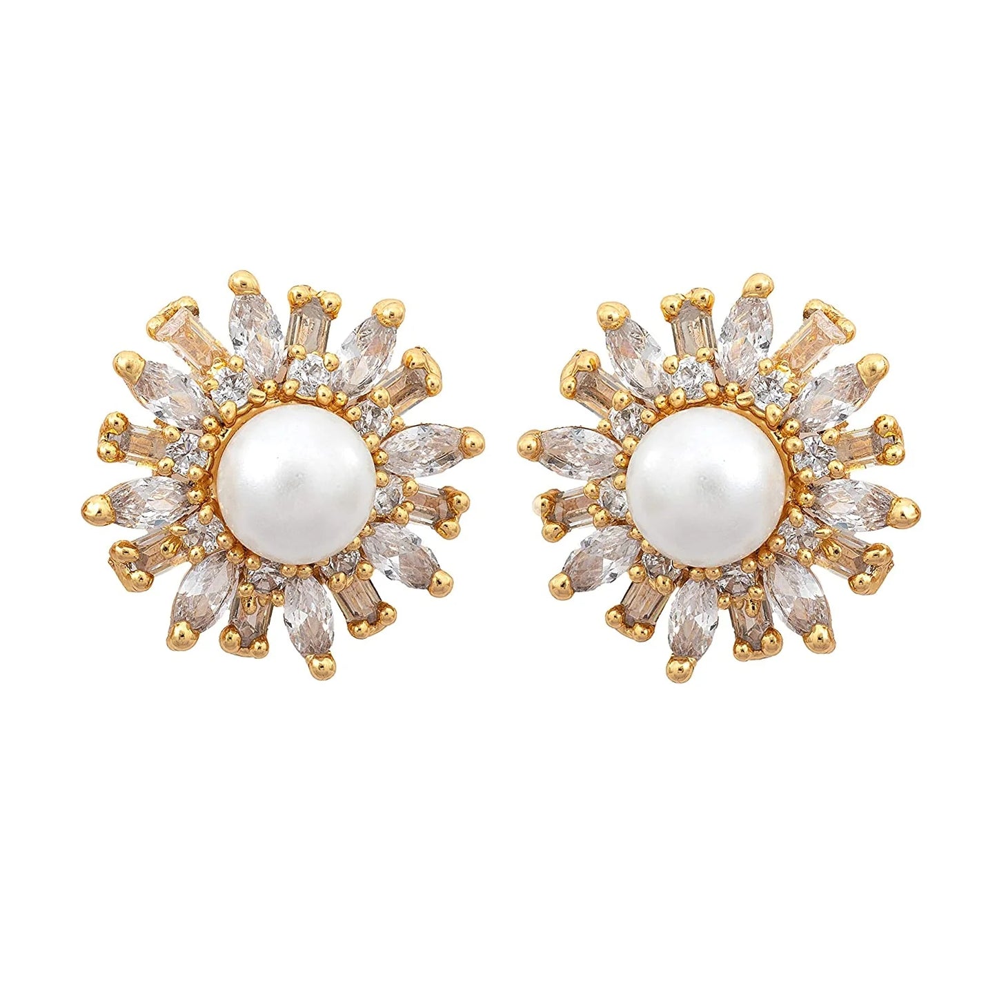 24Kt Gold Plated American Diamond & Baguette's Pearl Flower Stud Earrings