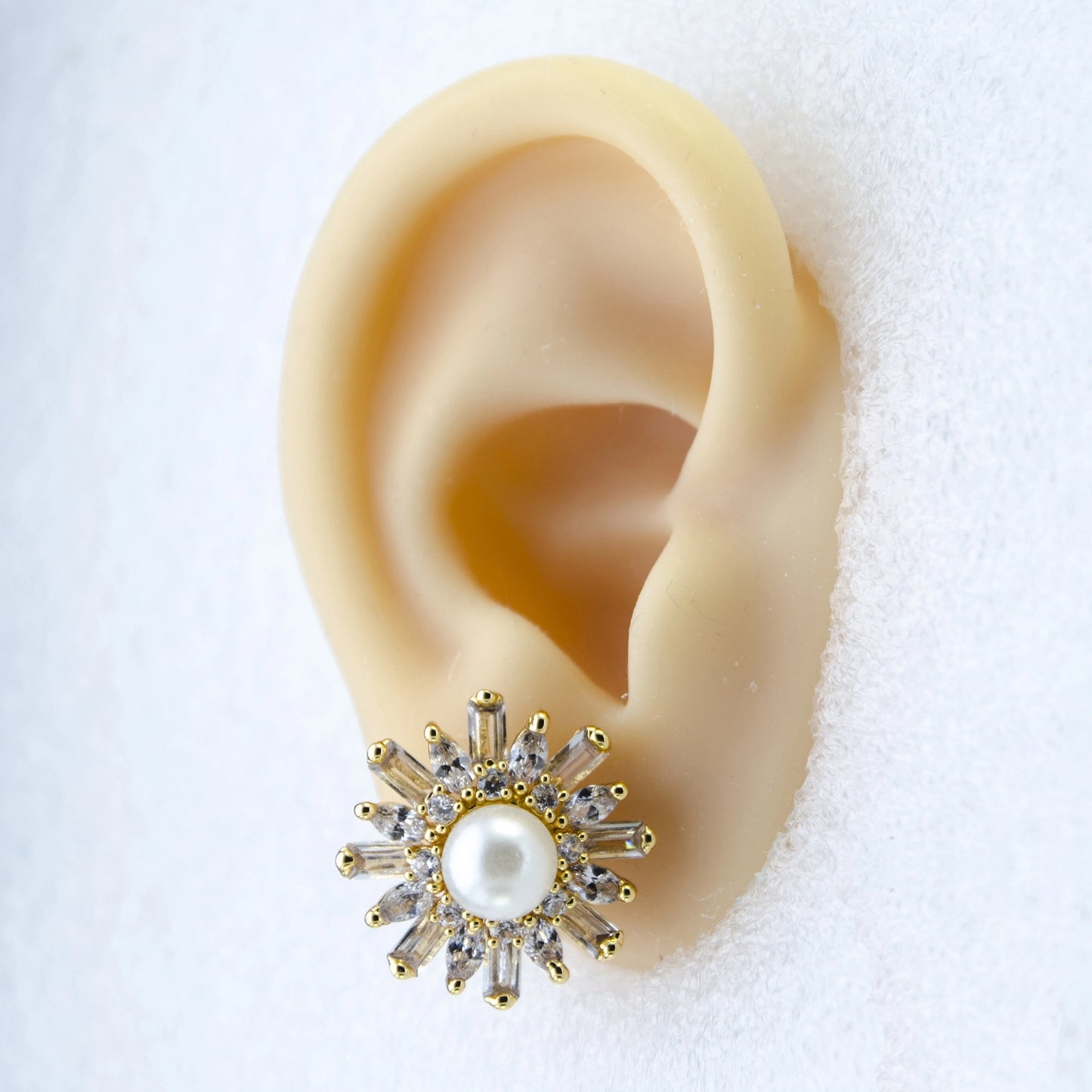 24Kt Gold Plated American Diamond & Baguette's Pearl Flower Stud Earrings