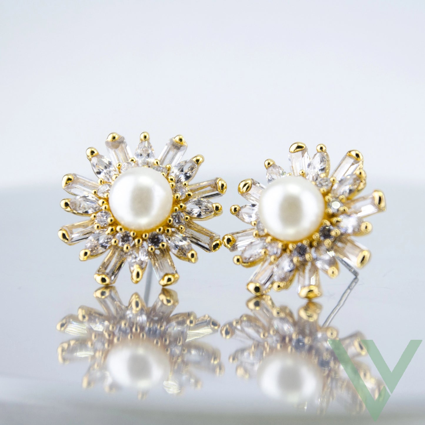 24Kt Gold Plated American Diamond & Baguette's Pearl Flower Stud Earrings