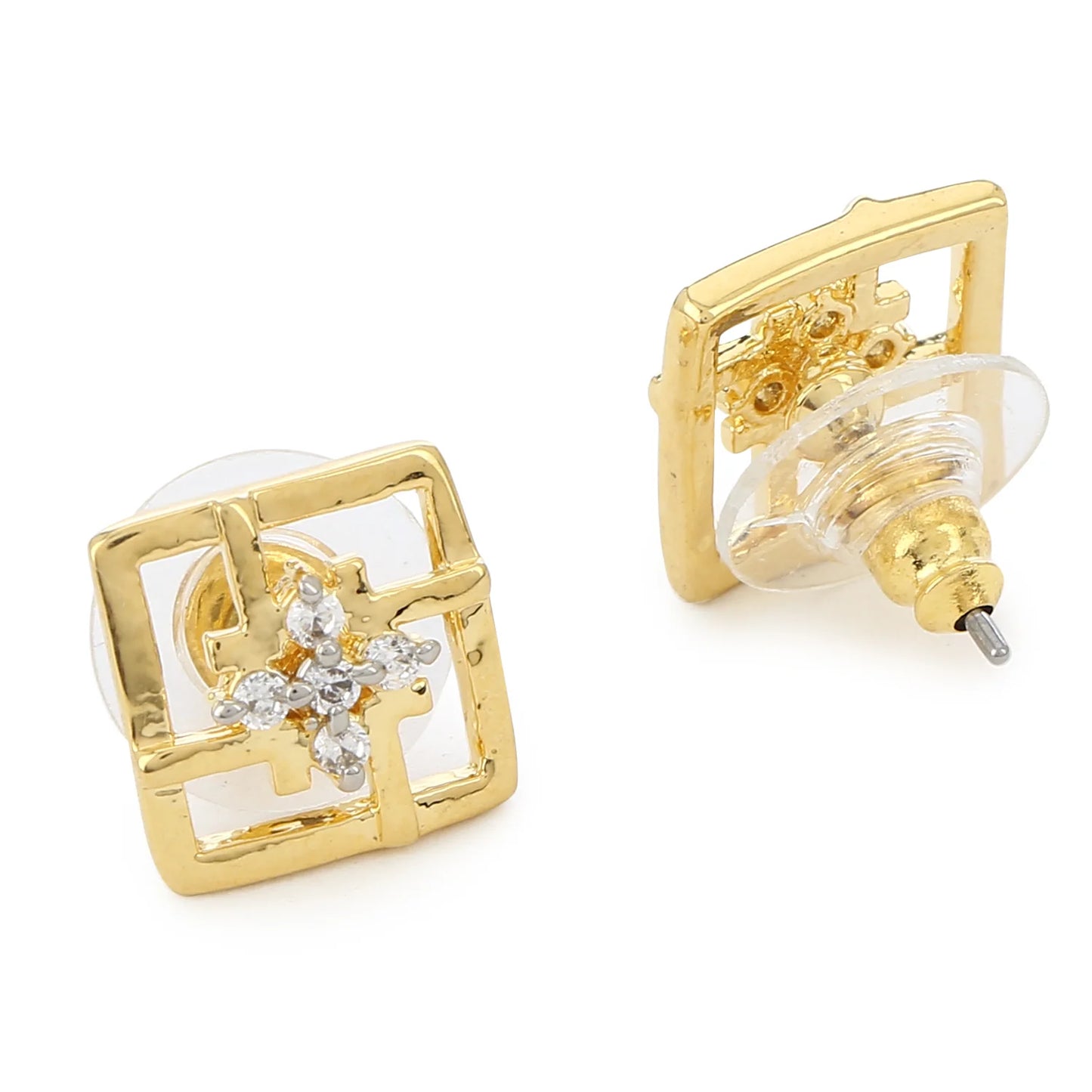 24Kt Gold Plated Square Shaped Stud With AD Stone earrings