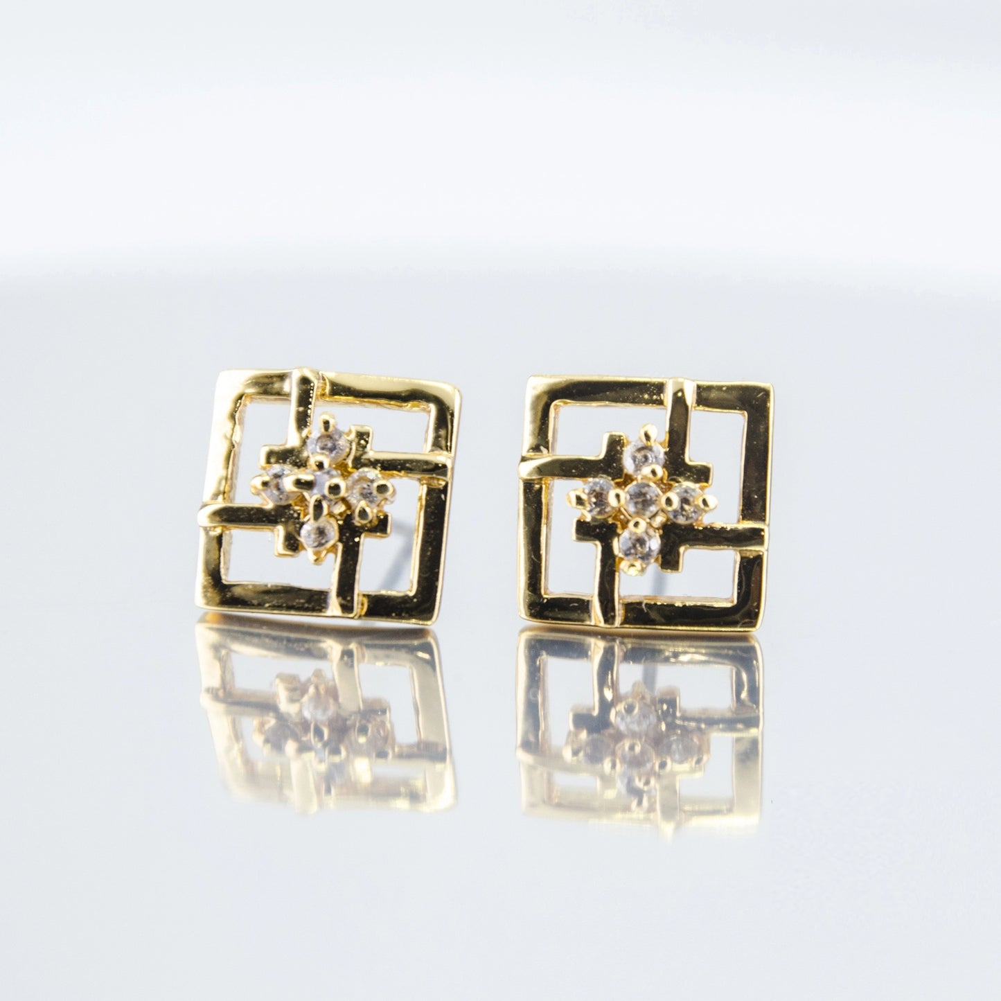 24Kt Gold Plated Square Shaped Stud With AD Stone earrings