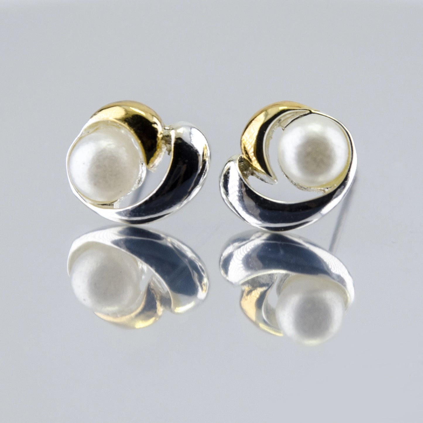 Gold and Silver Plated Brass Cozy Pearl Stud Earrings