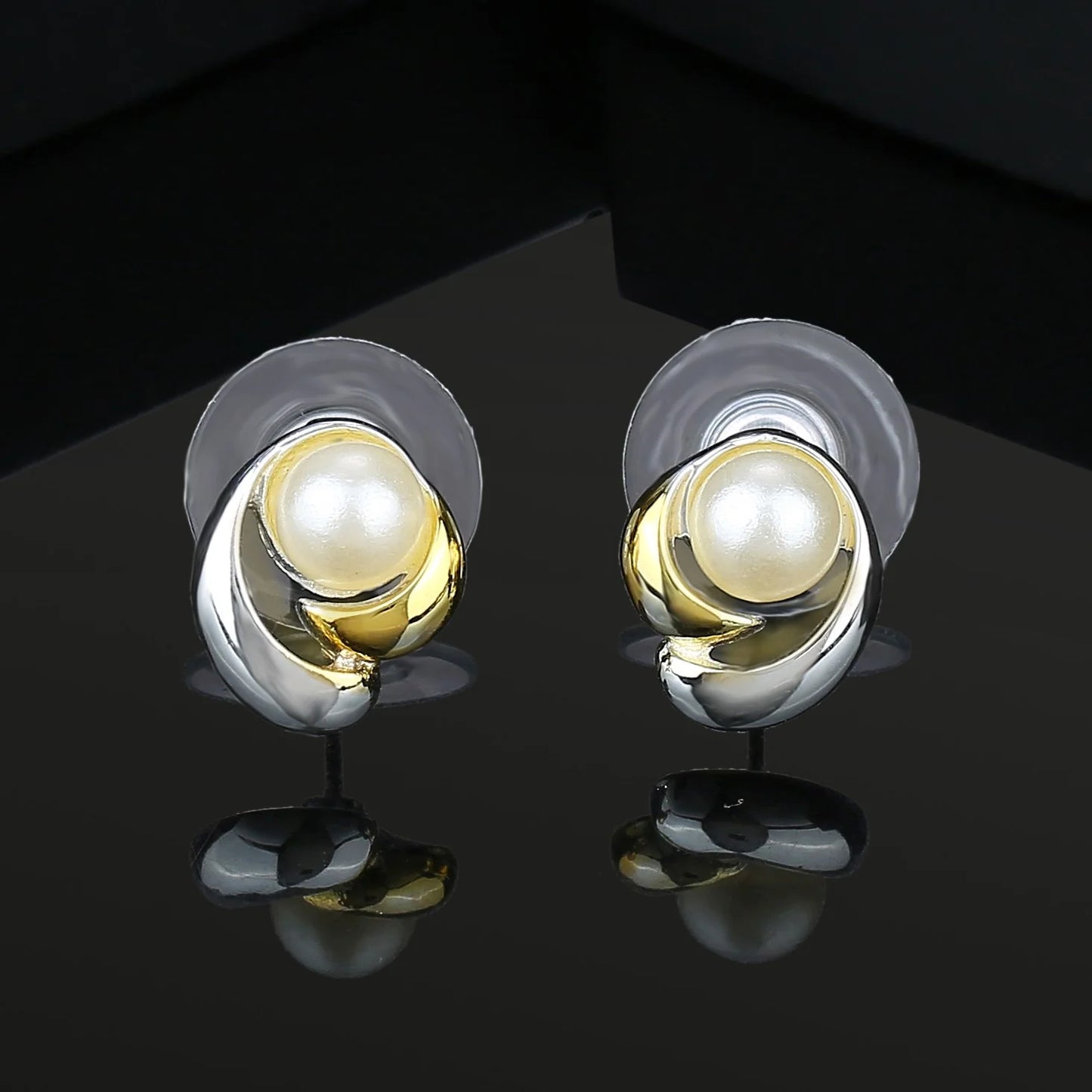 Gold and Silver Plated Brass Cozy Pearl Stud Earrings