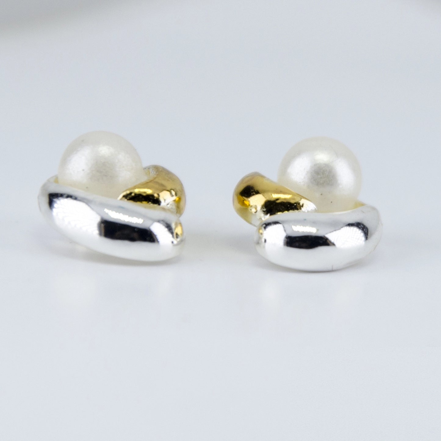 Gold and Silver Plated Brass Cozy Pearl Stud Earrings