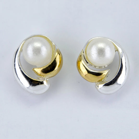 Gold and Silver Plated Brass Cozy Pearl Stud Earrings