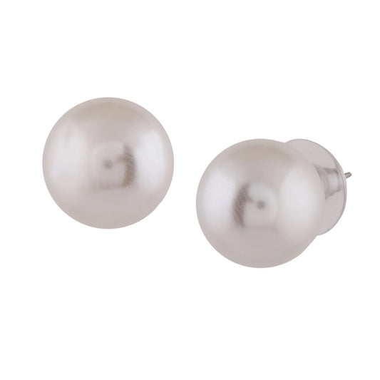 Rhodium Plated Shimmering Pearl Stud Earrings - White