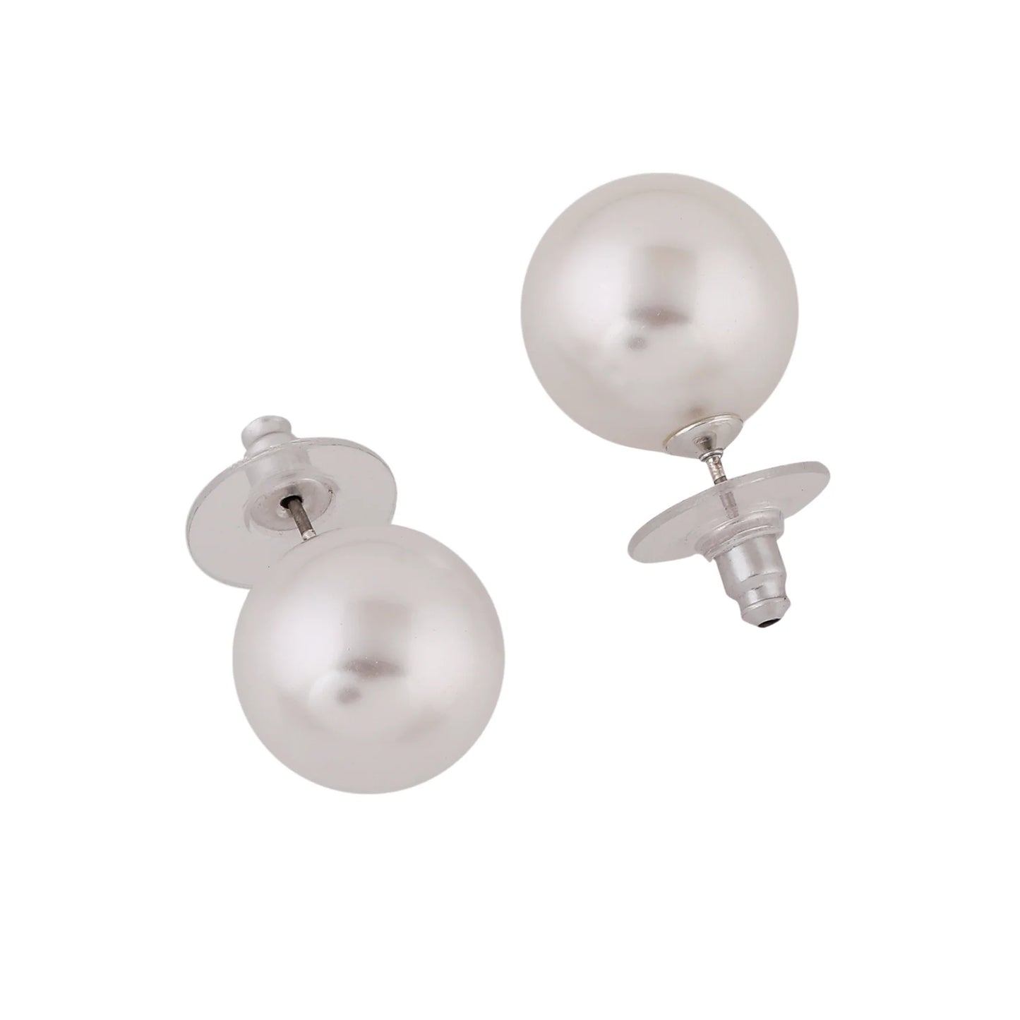 Rhodium Plated Shimmering Pearl Stud Earrings - White