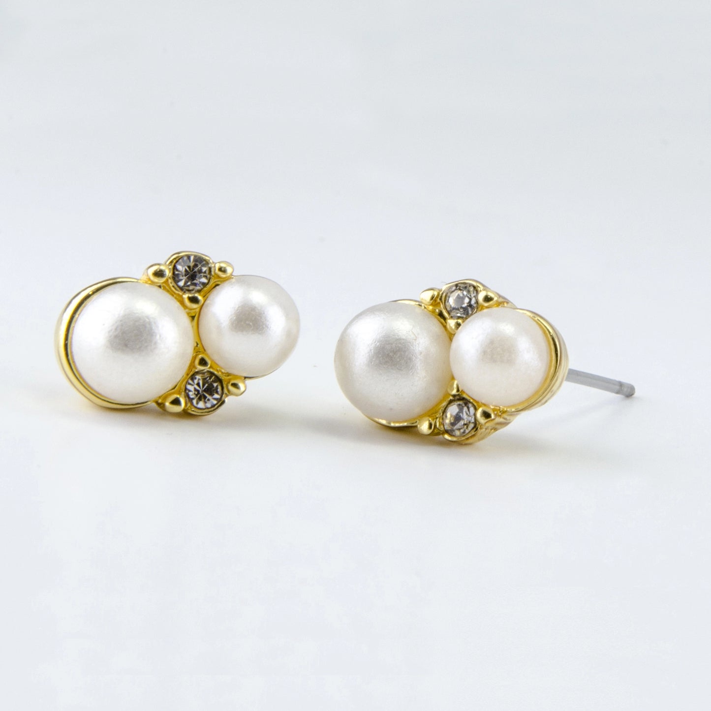 Double Round White Pearl Crystal Gold Earrings