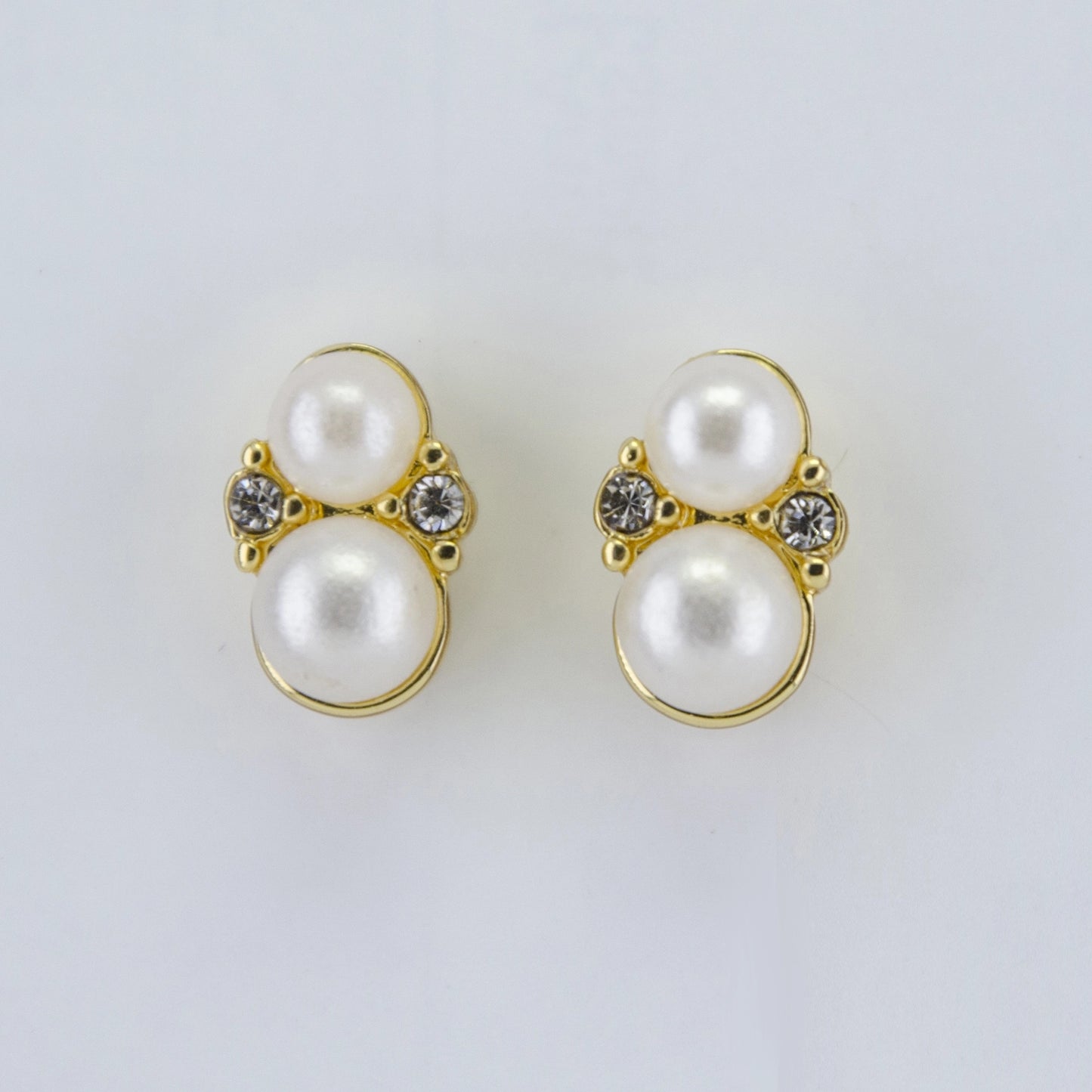 Double Round White Pearl Crystal Gold Earrings