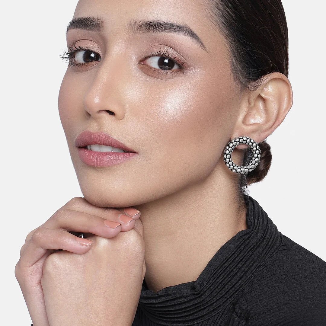 Round silver colour oxidised hoop stylish studs for women