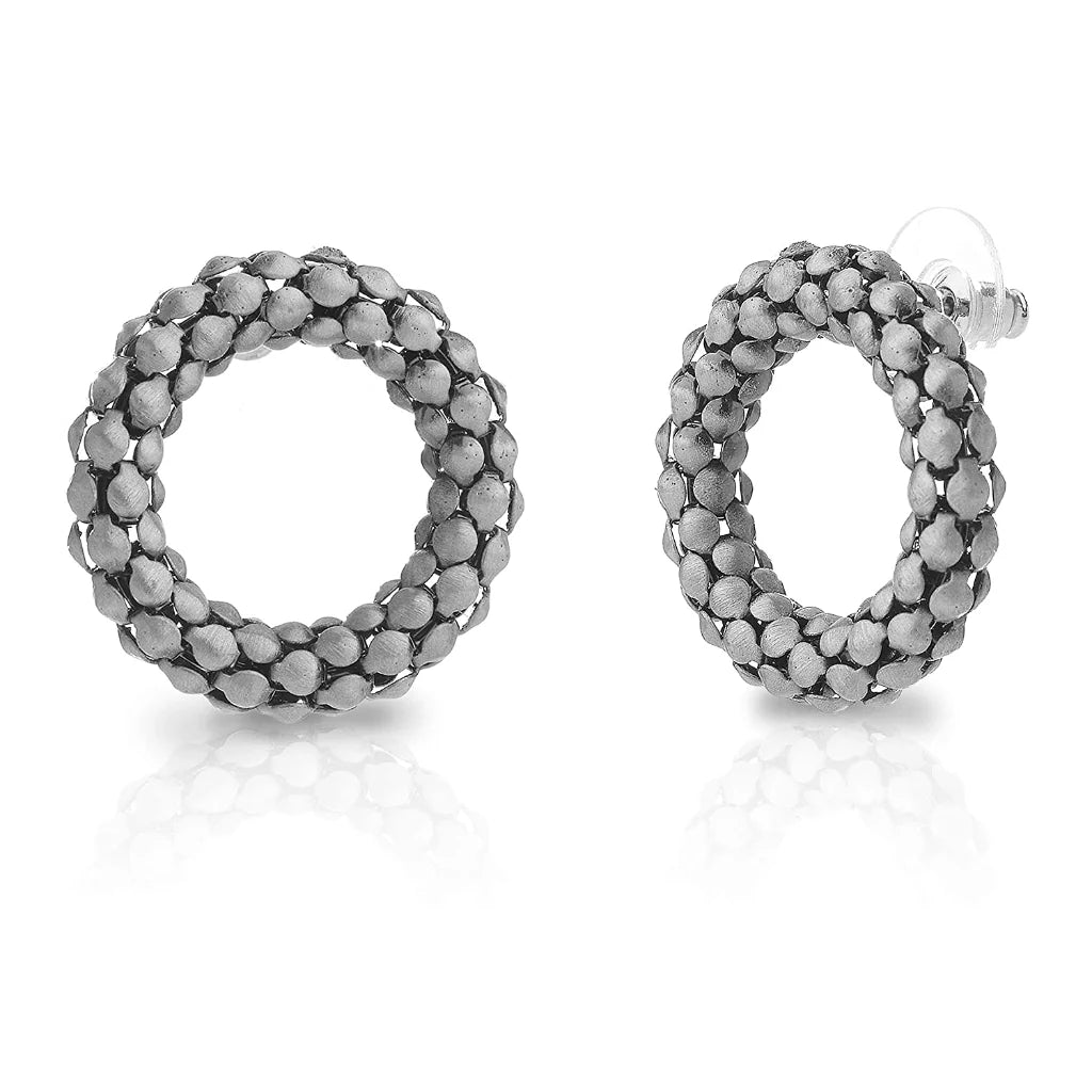 Round silver colour oxidised hoop stylish studs for women