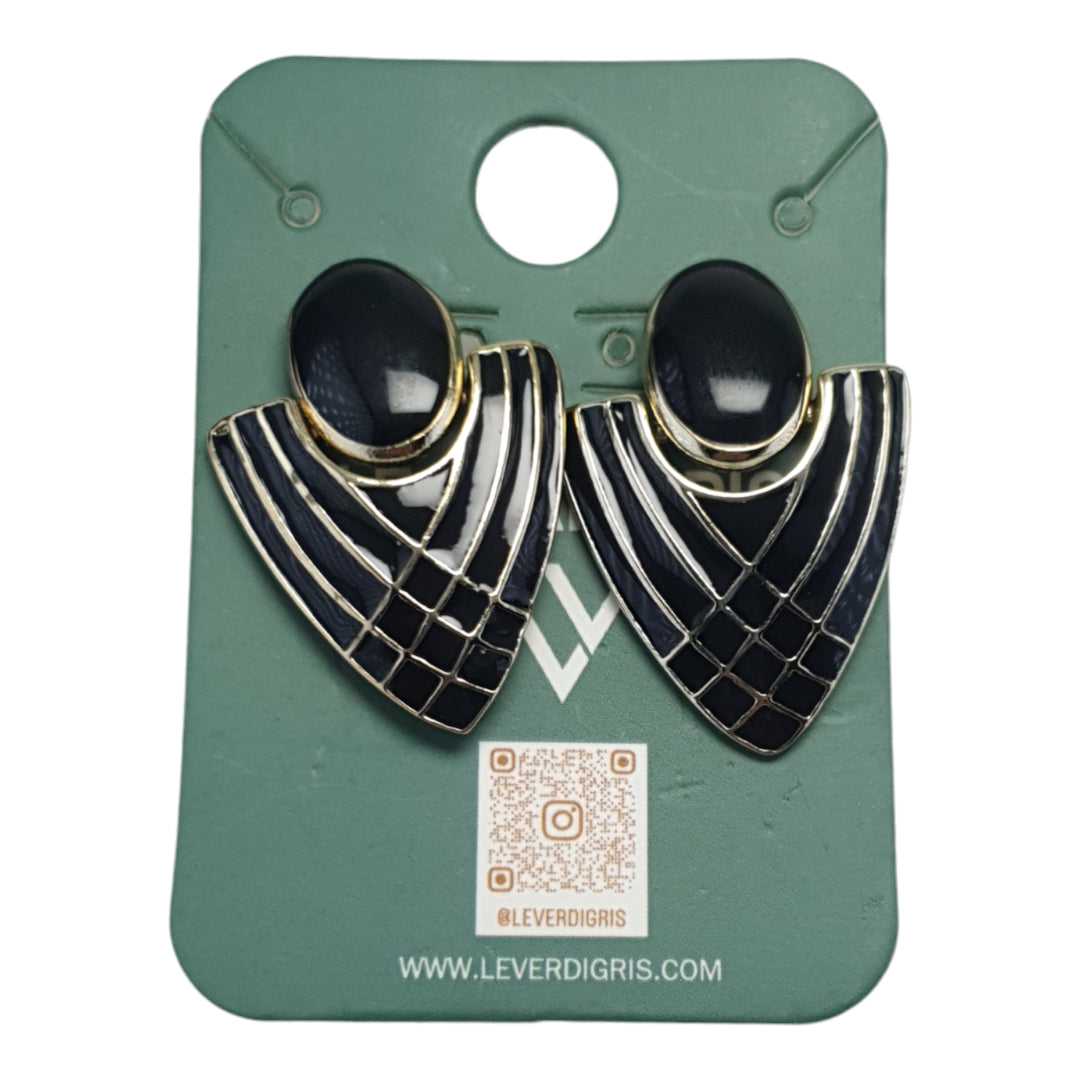 Art Deco Symmetrical Shape Black Enamel 24Kt Gold plated Earrings