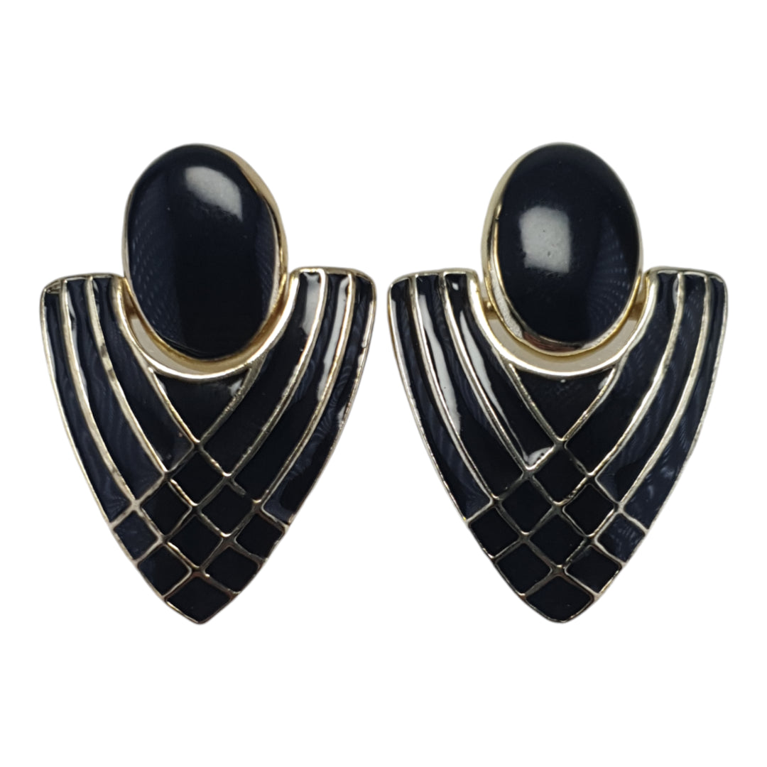 Art Deco Symmetrical Shape Black Enamel 24Kt Gold plated Earrings