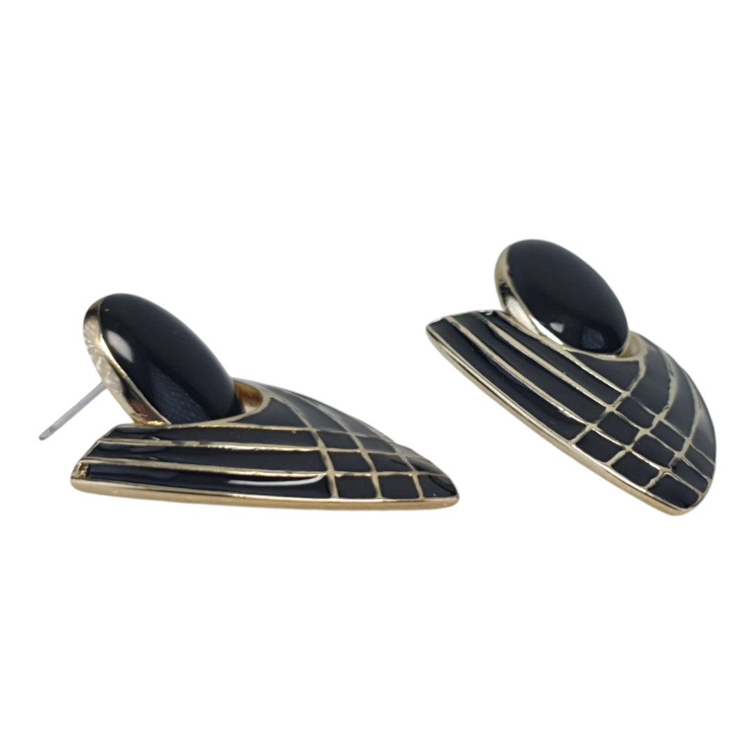 Art Deco Symmetrical Shape Black Enamel 24Kt Gold plated Earrings