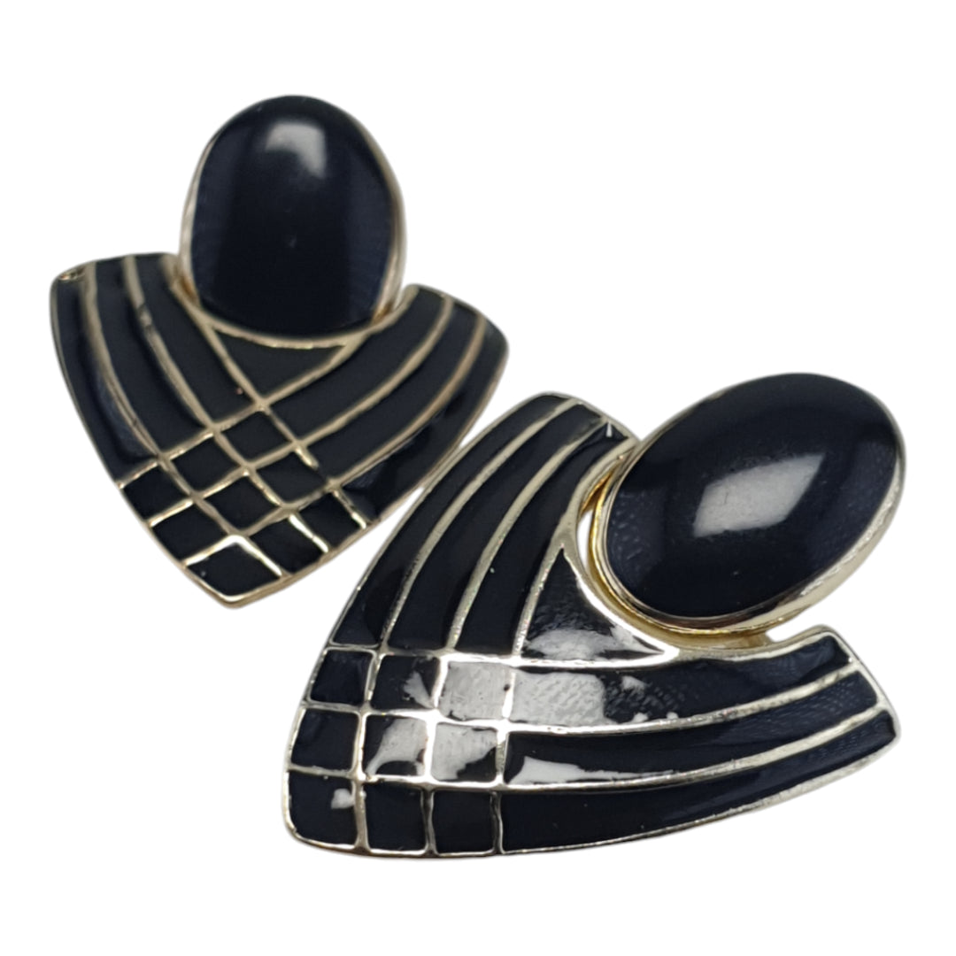 Art Deco Symmetrical Shape Black Enamel 24Kt Gold plated Earrings