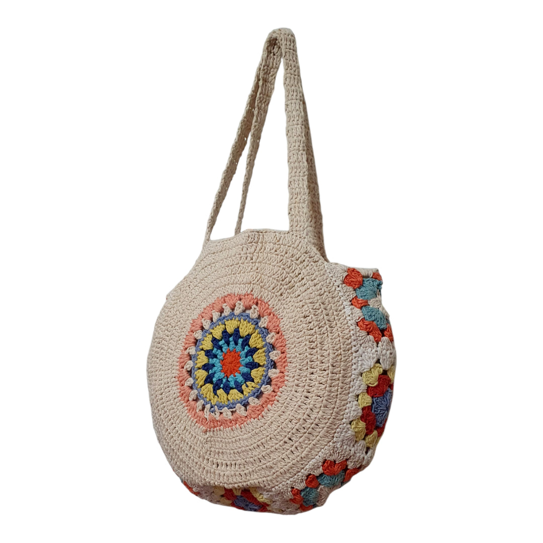 Handmade Crochet Round Bag – Boho Shoulder Tote with Colorful Mandala Design