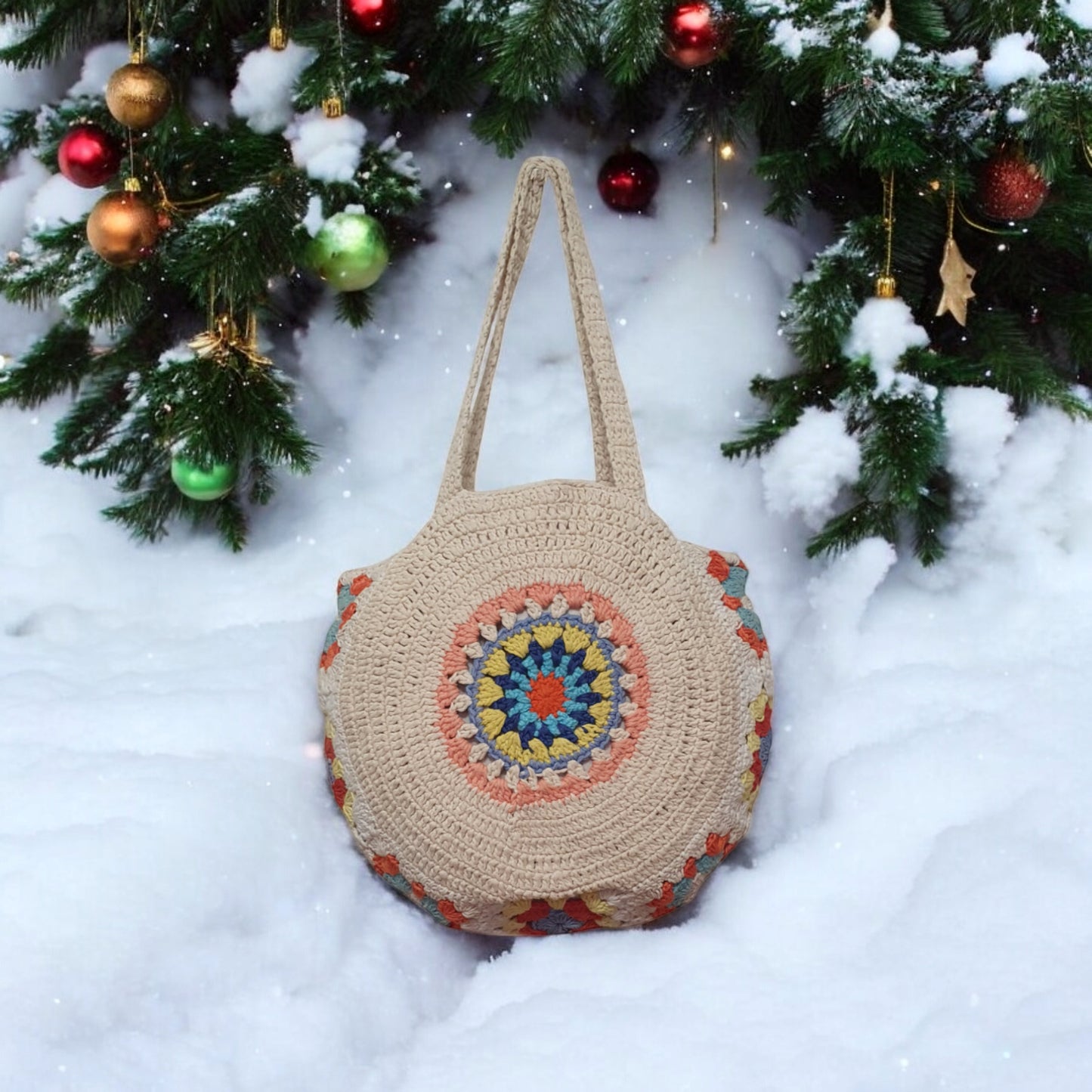 Handmade Crochet Round Bag – Boho Shoulder Tote with Colorful Mandala Design