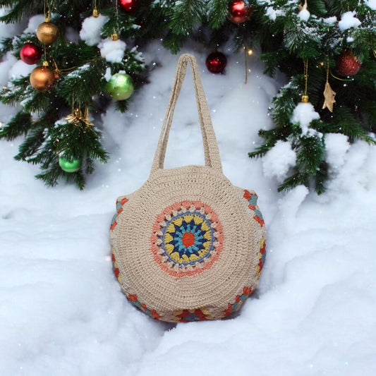Handmade Crochet Round Bag – Boho Shoulder Tote with Colorful Mandala Design