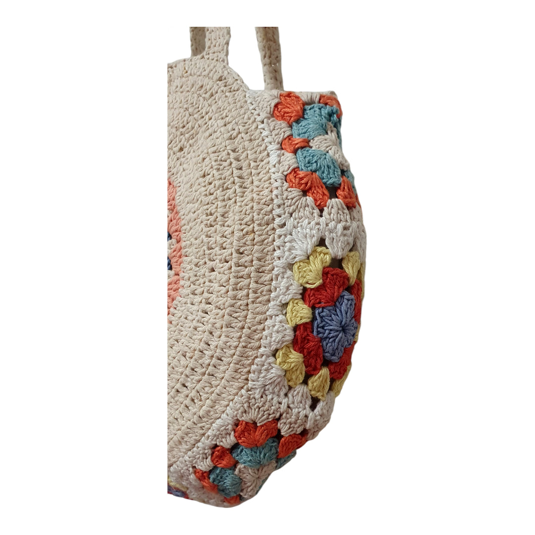 Handmade Crochet Round Bag – Boho Shoulder Tote with Colorful Mandala Design