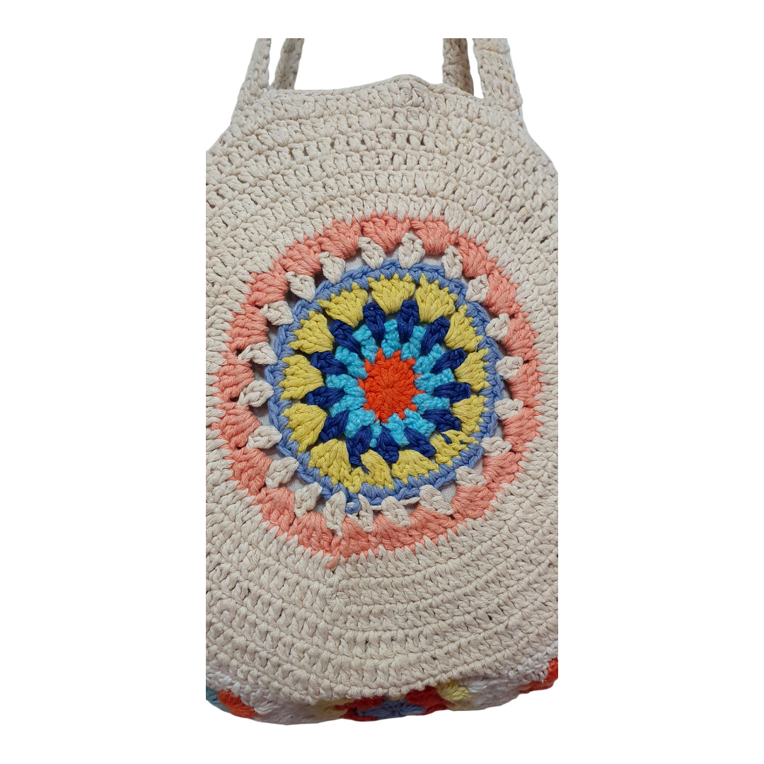 Handmade Crochet Round Bag – Boho Shoulder Tote with Colorful Mandala Design