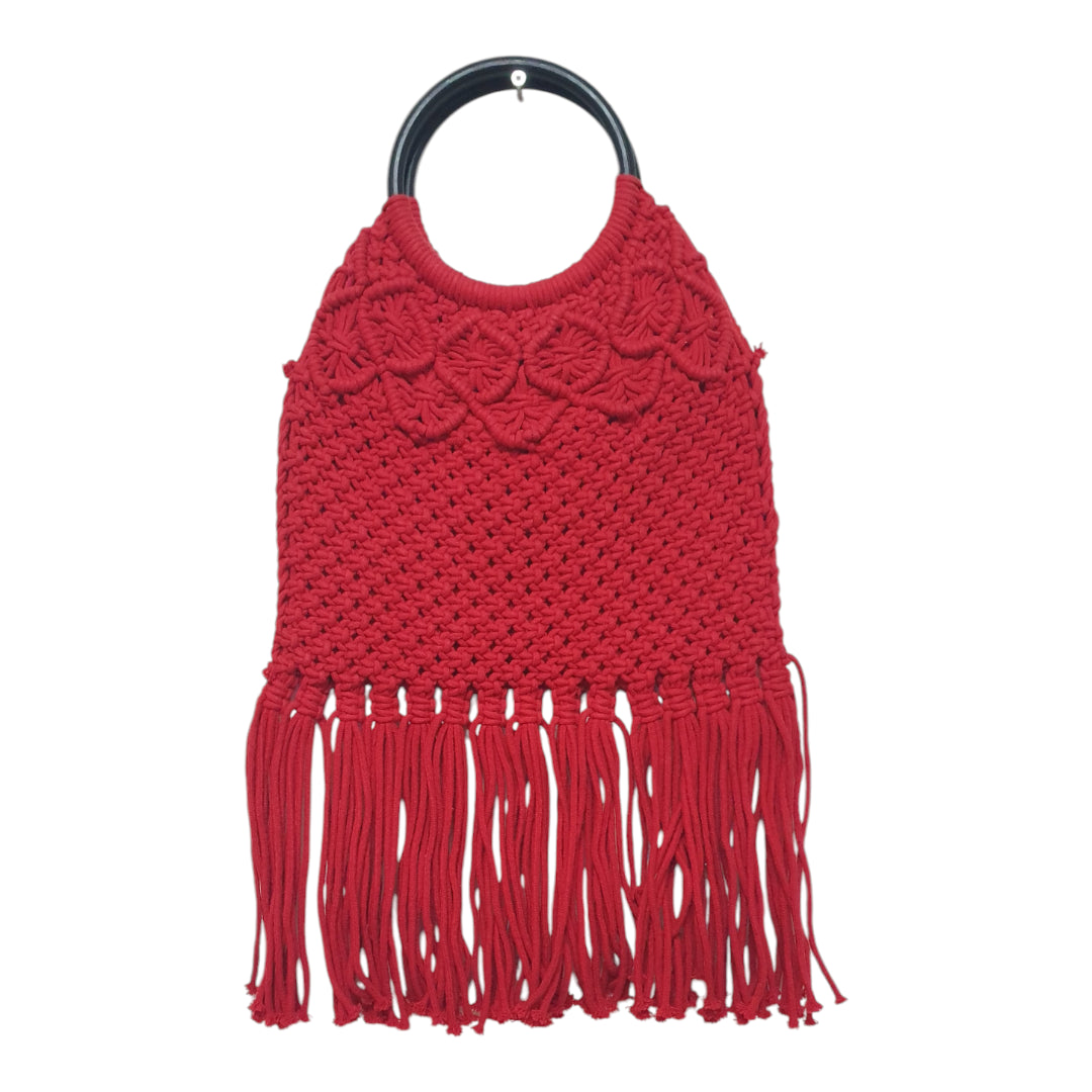 Handmade Red Macramé Fringe Bag – Boho Chic Ring Handle Purse for Women