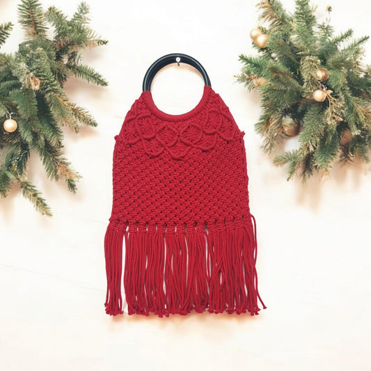 Handmade Red Macramé Fringe Bag – Boho Chic Ring Handle Purse for Women