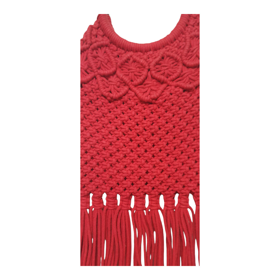 Handmade Red Macramé Fringe Bag – Boho Chic Ring Handle Purse for Women