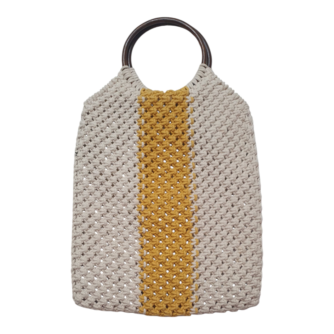 Handmade Crochet Tote Bag with Wooden Ring Handles – Beige & Mustard Yellow Striped Boho Purse