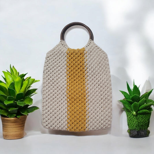 Handmade Crochet Tote Bag with Wooden Ring Handles – Beige & Mustard Yellow Striped Boho Purse