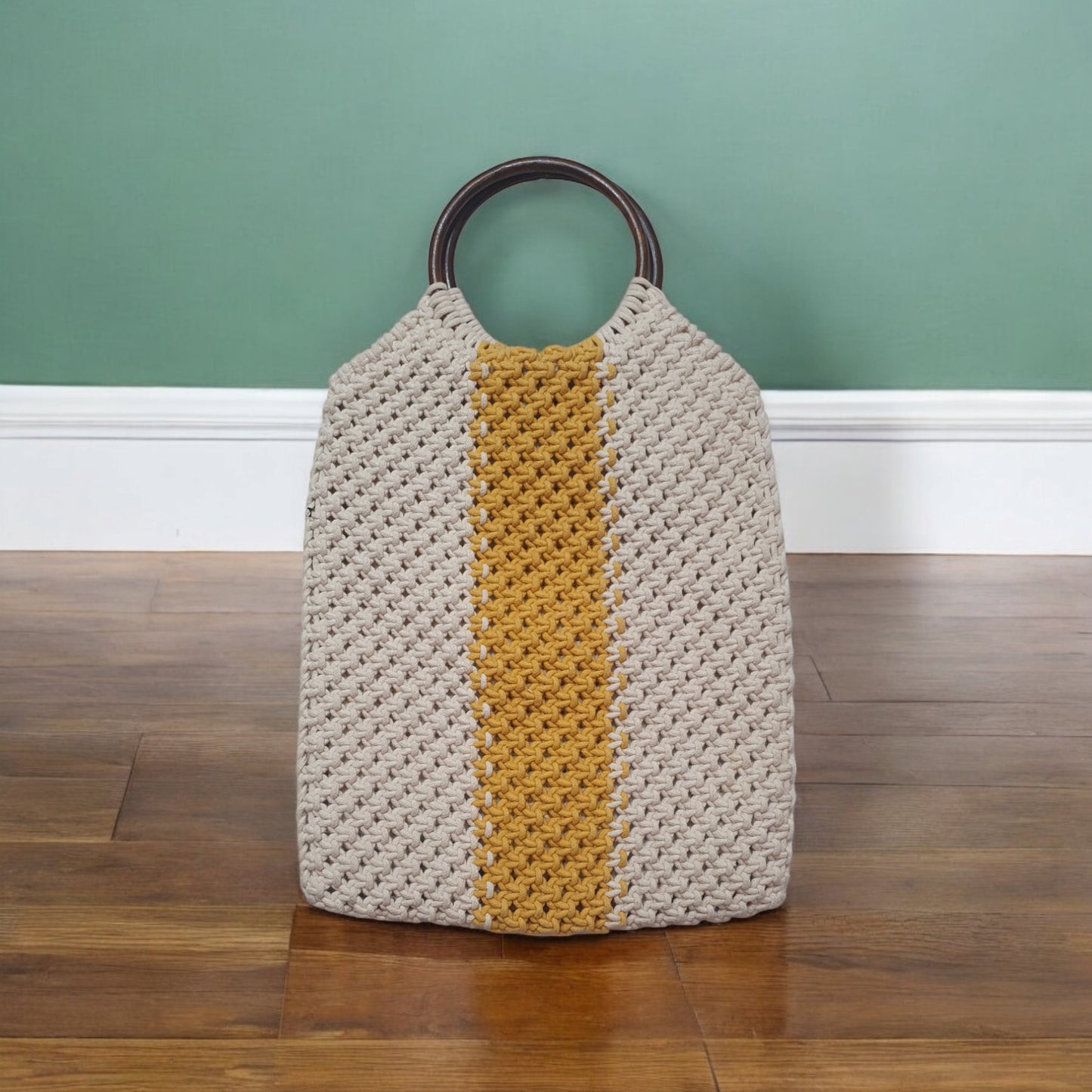 Handmade Crochet Tote Bag with Wooden Ring Handles – Beige & Mustard Yellow Striped Boho Purse