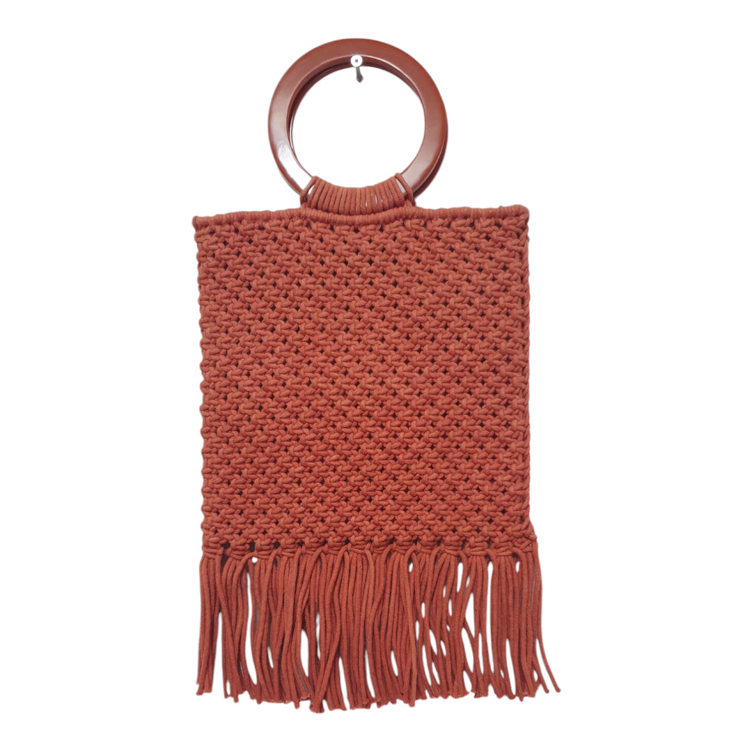 Rust Handmade Crochet Tote Bag with Wooden Ring Handles and Fringe – Boho Chic Macramé Purse