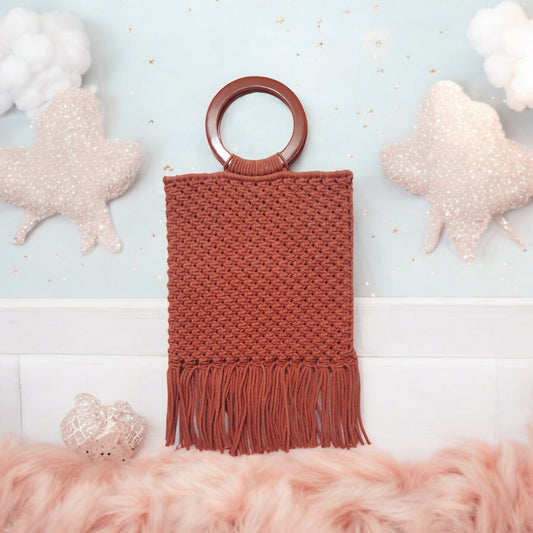 Rust Handmade Crochet Tote Bag with Wooden Ring Handles and Fringe – Boho Chic Macramé Purse