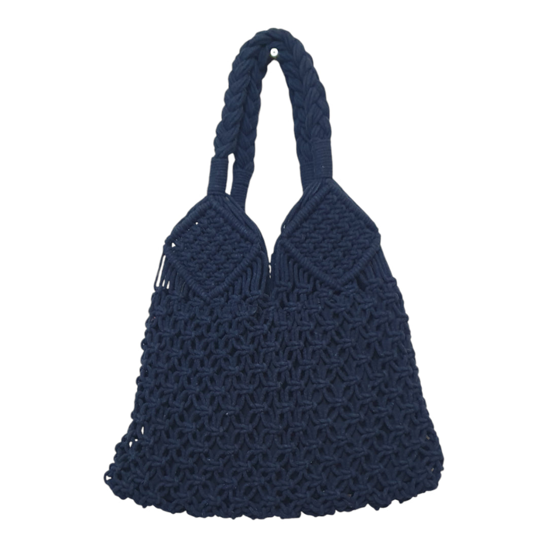 Navy Blue Macramé Shoulder Bag – Handmade Boho Crochet Tote with Braided Handles