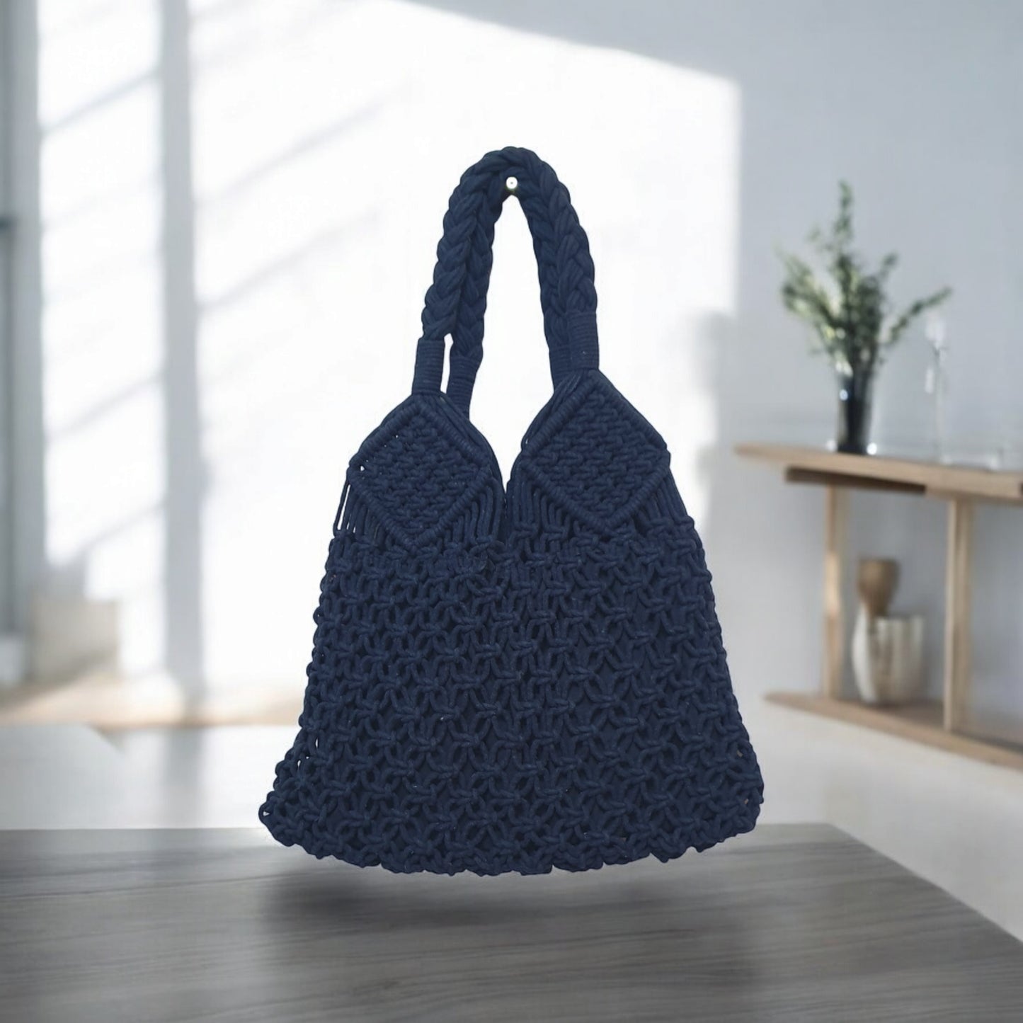 Navy Blue Macramé Shoulder Bag – Handmade Boho Crochet Tote with Braided Handles