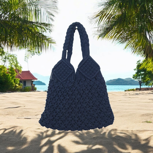 Navy Blue Macramé Shoulder Bag – Handmade Boho Crochet Tote with Braided Handles