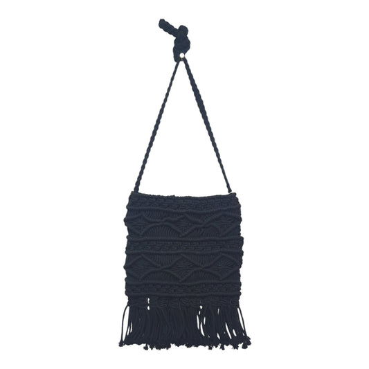 Handmade Black Macramé Sling Bag with Boho Fringe – Eco-Friendly Cotton Crossbody Purse