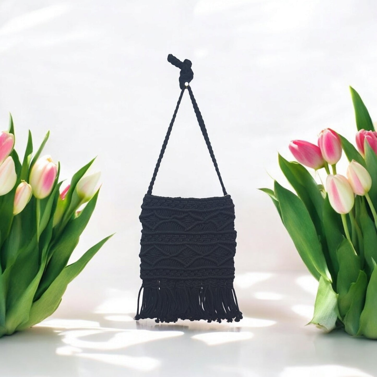 Handmade Black Macramé Sling Bag with Boho Fringe – Eco-Friendly Cotton Crossbody Purse