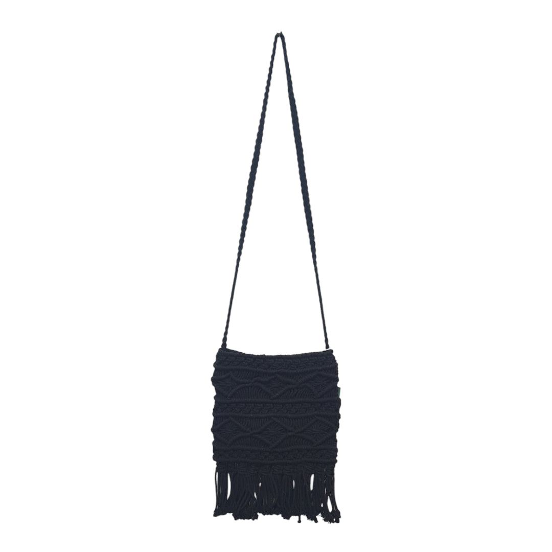 Handmade Black Macramé Sling Bag with Boho Fringe – Eco-Friendly Cotton Crossbody Purse