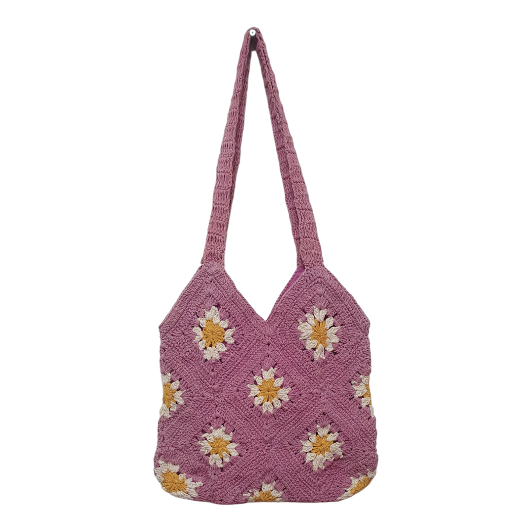 Handmade Pink Crochet Tote Bag with Floral Granny Squares – Boho Shoulder Bag for Women