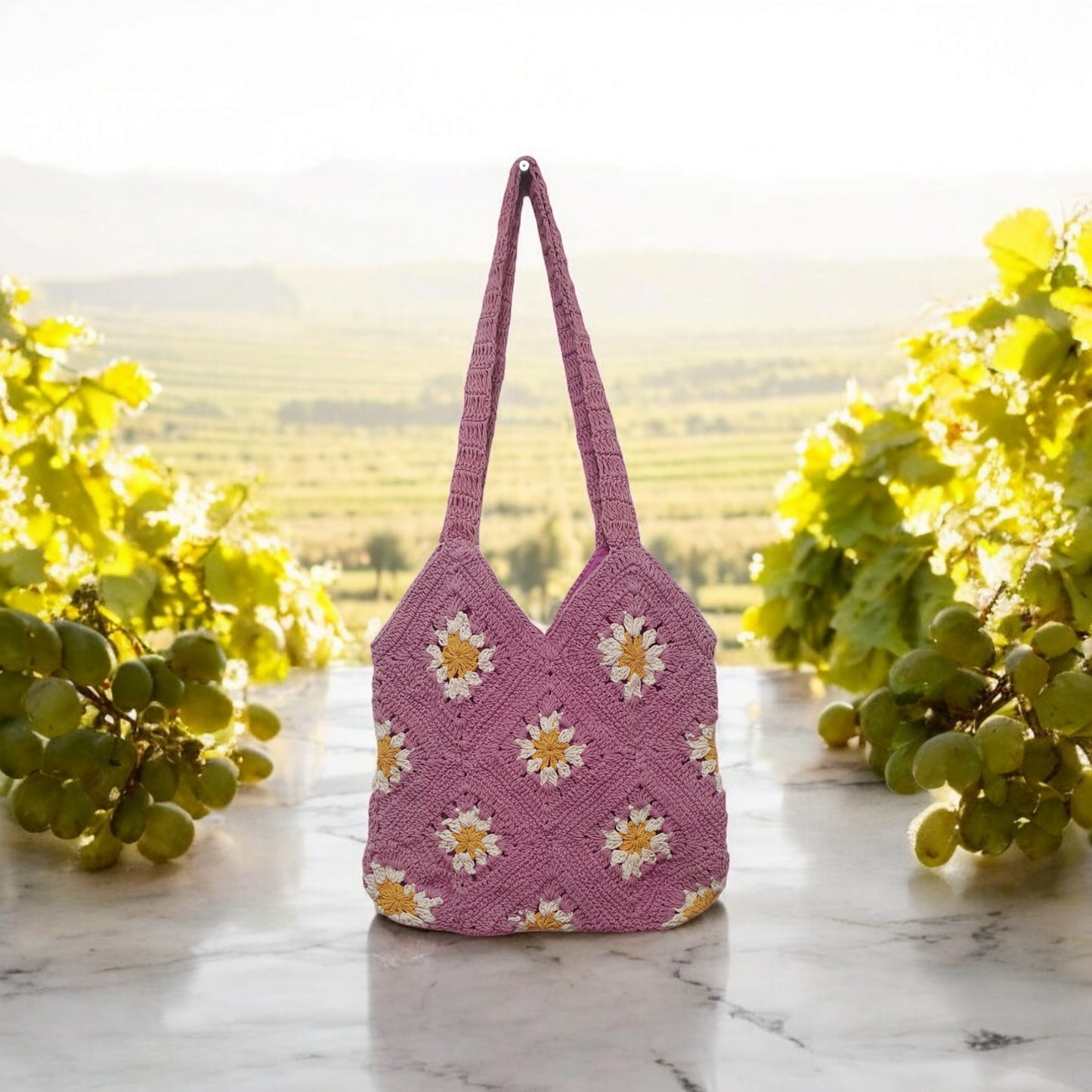 Handmade Pink Crochet Tote Bag with Floral Granny Squares – Boho Shoulder Bag for Women