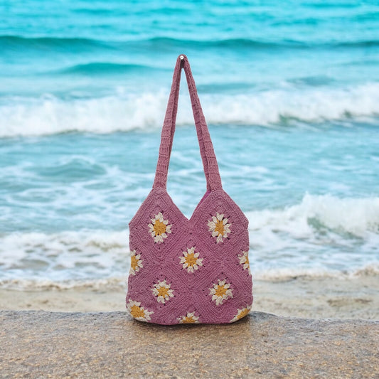Handmade Pink Crochet Tote Bag with Floral Granny Squares – Boho Shoulder Bag for Women